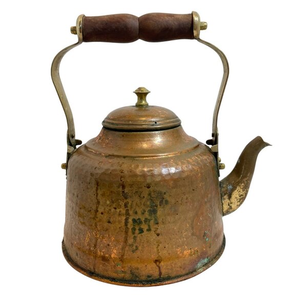 Antique Hand-Hammered Copper & Brass Kettle With Wooden Handle - Picture 1 of 11